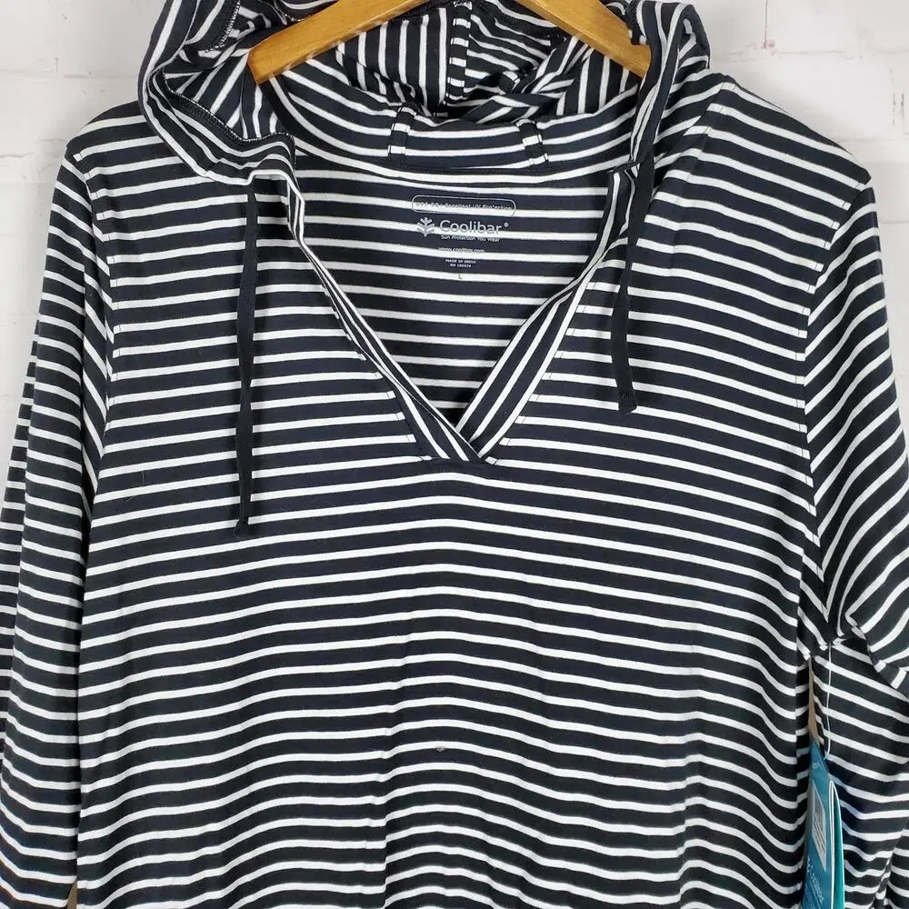 NEW Coolibar Catalina Beach Cover-Up Dress L Striped Pockets UPF 50+ Long Sleeve